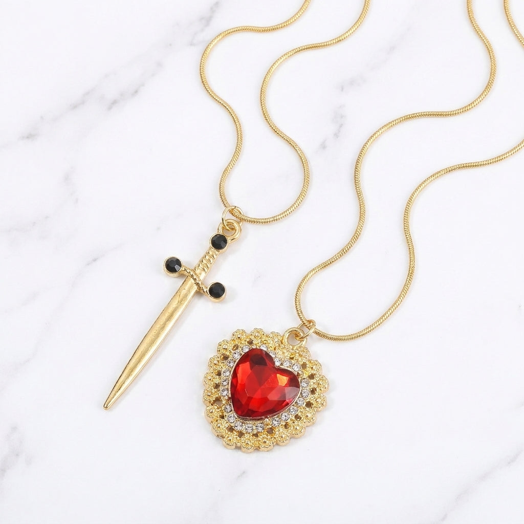 Collar de Pareja Corazón con Espada Daga - 2 Collares + Caja de Regalo