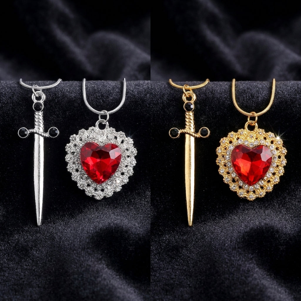 Collar de Pareja Corazón con Espada Daga - 2 Collares + Caja de Regalo